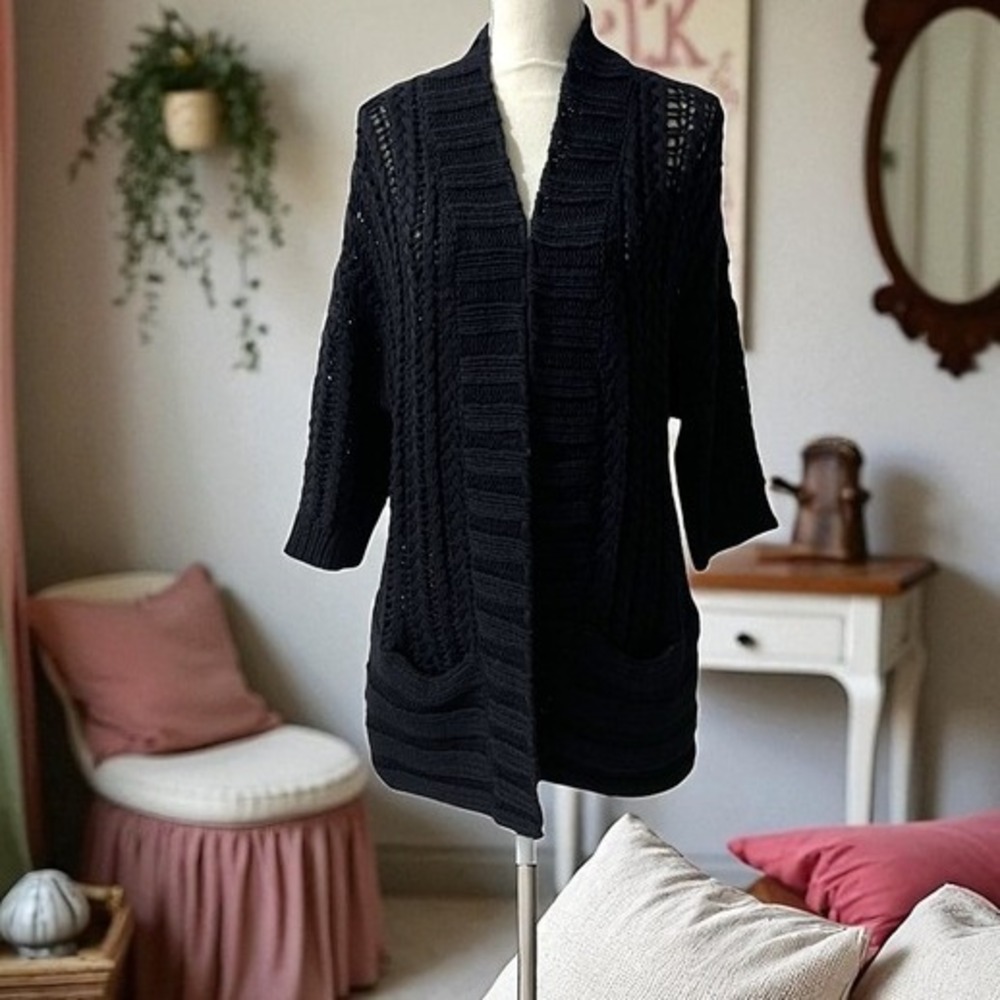 LOFT Navy‎ Open Front Knit Cardigan with Pockets Italian Yarn M/L
